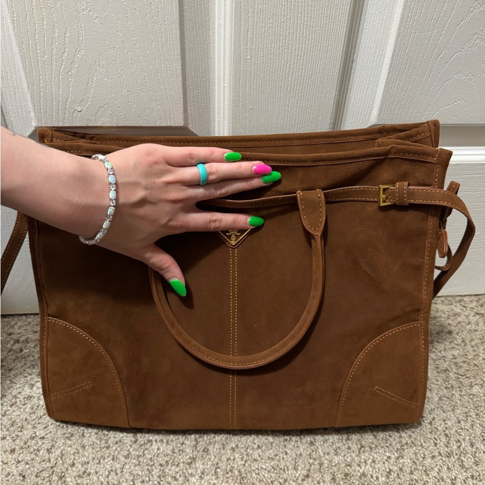 Brown Suede Shoulder Tote Bag